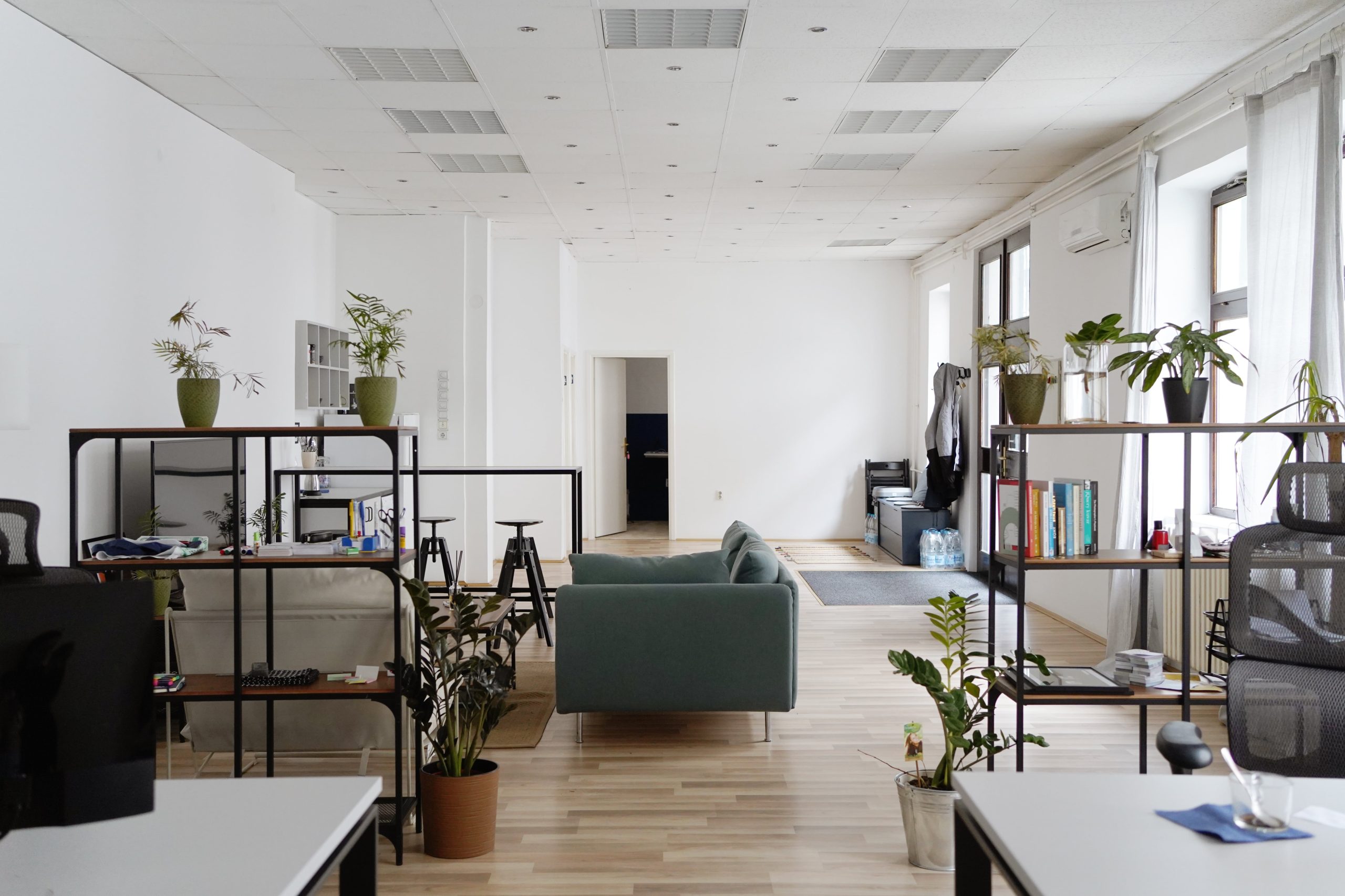 Modern office space with open shelving, plants, a green sofa, and a minimalist design, set up with professional furniture assembly