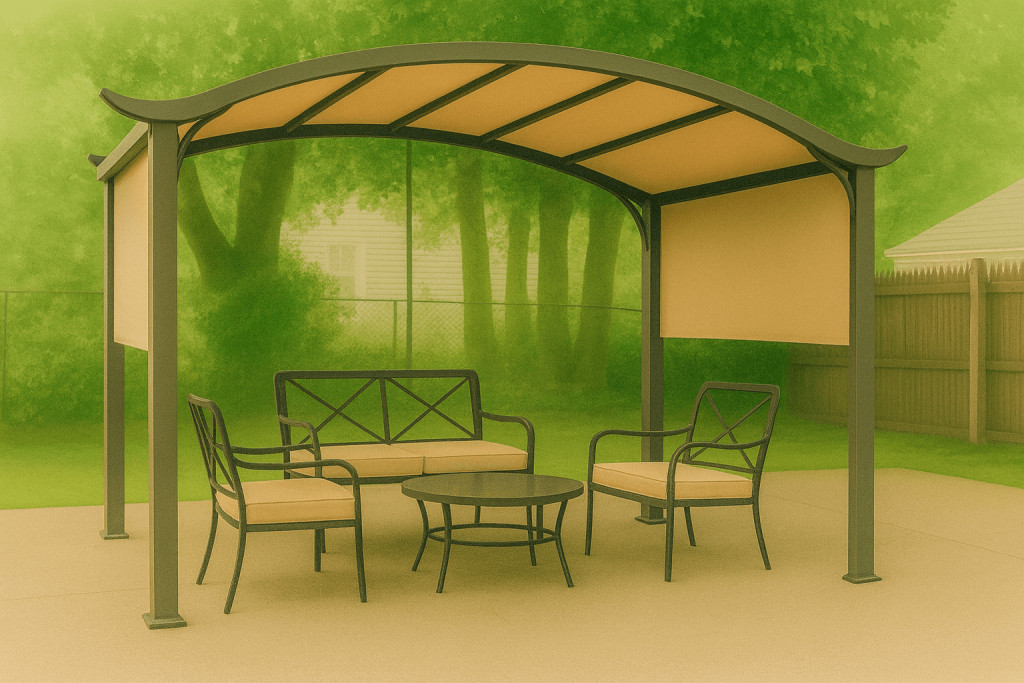 Modern Backyard Gazebo with Outdoor Seating – Overall Assembly Modern backyard gazebo with beige cushioned seating and round table, installed on a paved patio surrounded by greenery