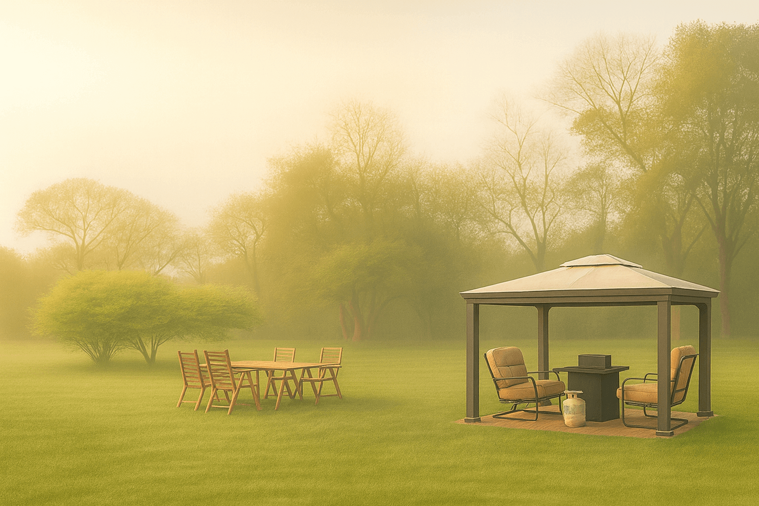 Tranquil backyard scene featuring lush green grass, wooden dining furniture, and a cozy gazebo with armchairs, bathed in soft golden mist.