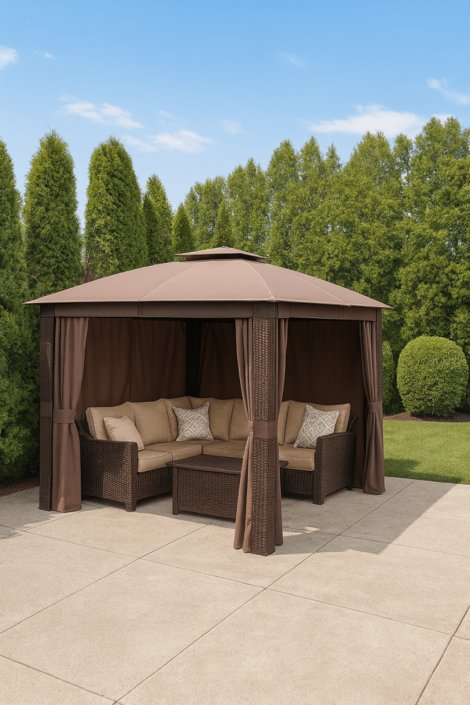 brown-patio-gazebo-with-outdoor-sofa-assembly Brown patio gazebo with curtains and assembled outdoor sectional sofa set