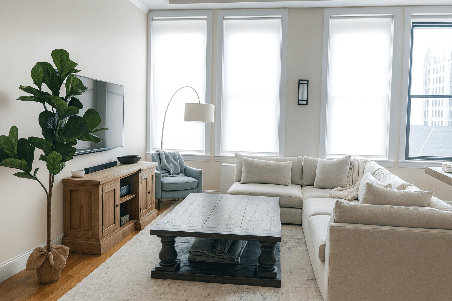 Living room furniture assembly with sectional sofa, rustic coffee table, TV stand, and modern decor