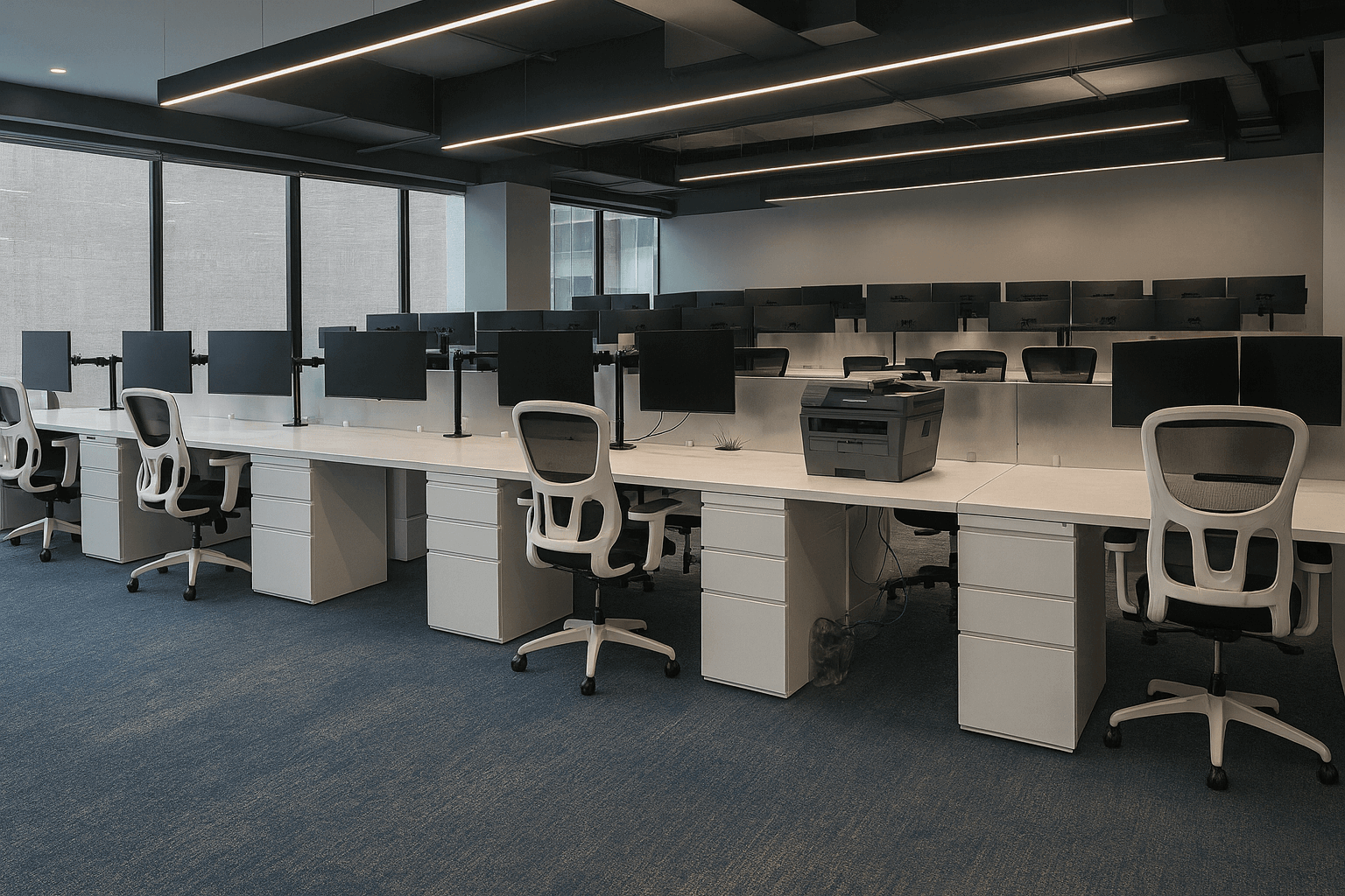 Modern open-plan office in New York City with white desks, ergonomic chairs, and dual monitor setups assembled by Overall Assembly.