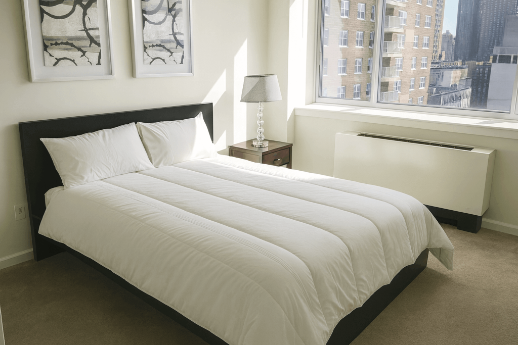 Bed Assembly Service in NYC | Overall Assembly Modern bedroom with neatly assembled bed and white bedding, showcasing professional bed assembly service in New York City