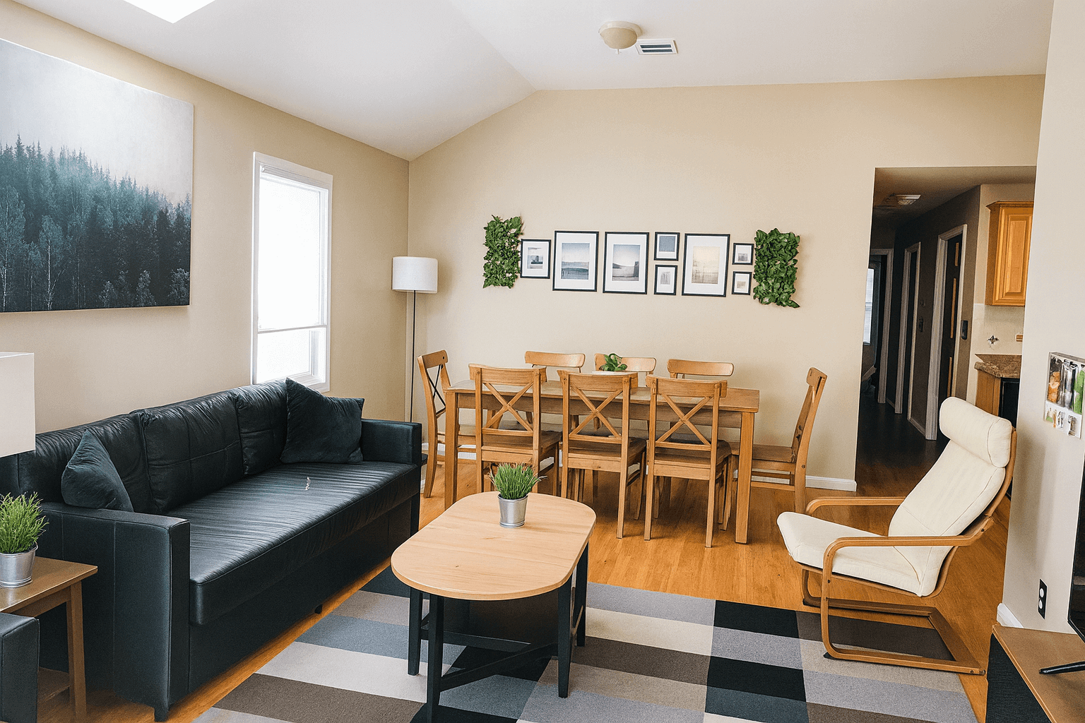 Living room with assembled IKEA dining set, sofa, and lounge chair showcasing professional IKEA assembly service in New York City